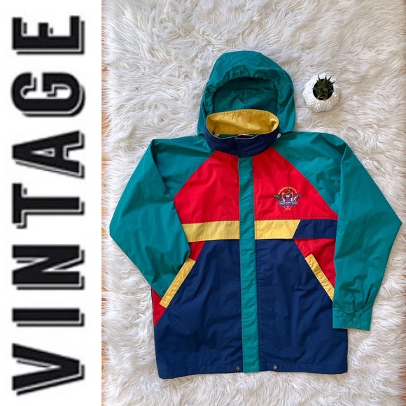 EUC vintage colour block windbreaker full-zip jacket with hidden hoodie, Size L - Picture 8 of 15